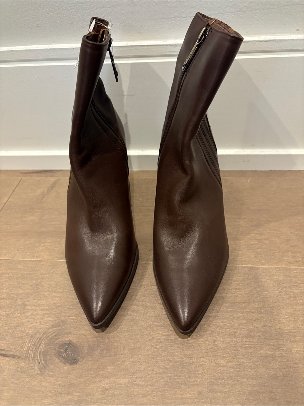 New Blondo Dark Brown Pointed Toe Waterproof Leather Ankle Booties with Side Zip